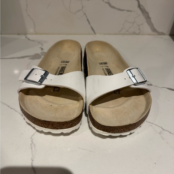 Birkenstock Madrid White Slides single strap with silver Buckle - Picture 2 of 5